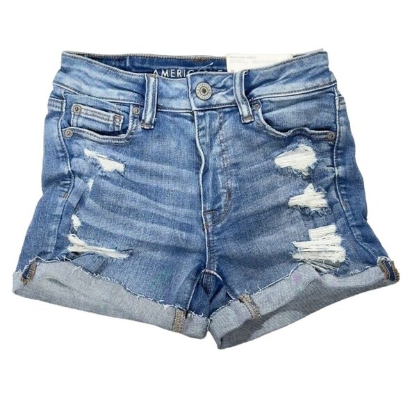 AMERICAN EAGLE Women's Distressed Cotton Denim Shorts Blue Stretch Size 0 - Picture 5 of 10
